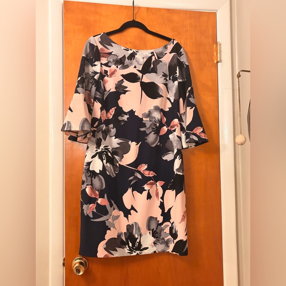 Vince Camuto Navy Floral Midi Dress with Pink and Gray Accents